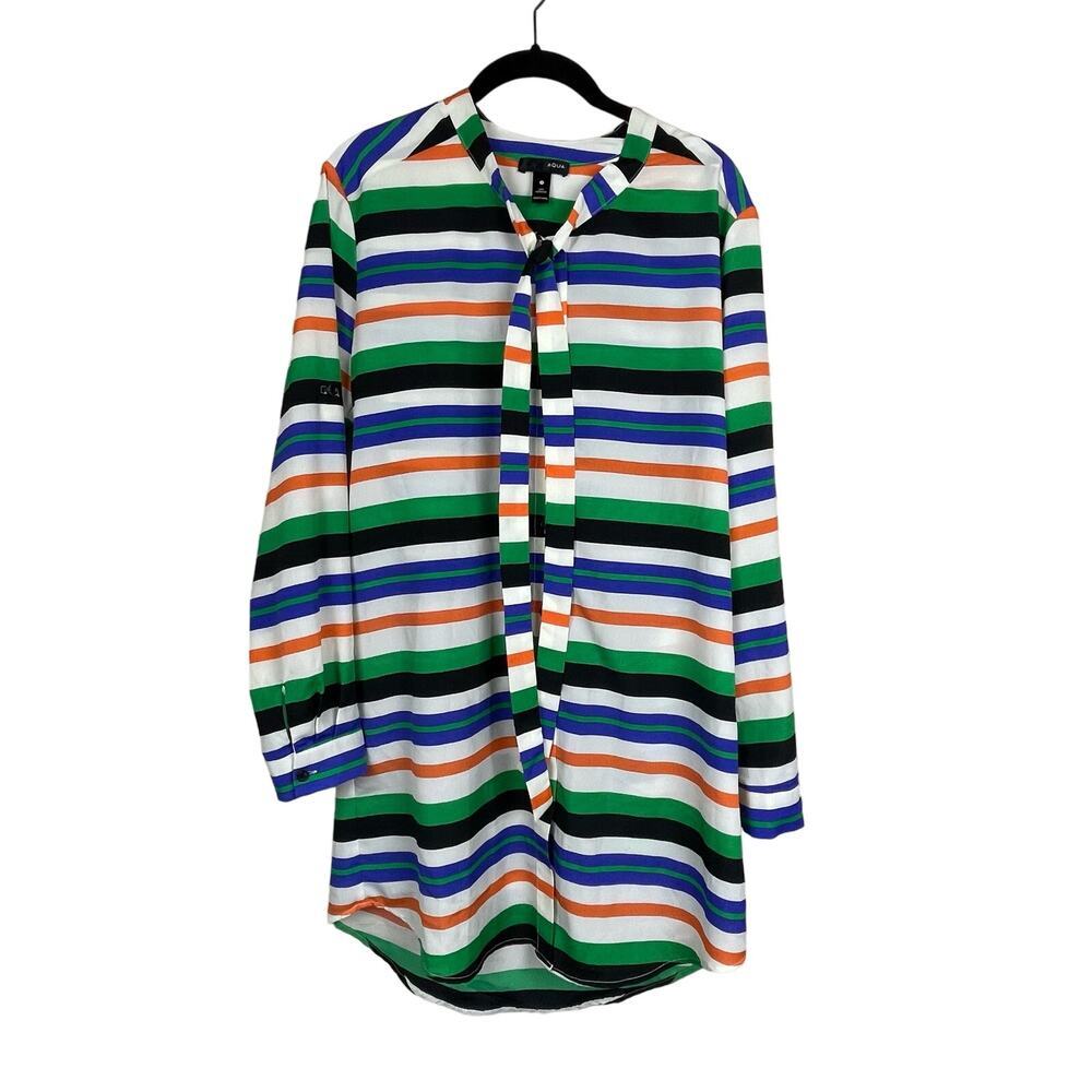 Aqua Women's Striped Button Shirt Dress - Size S - White, Green & Orange